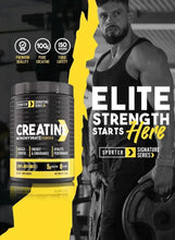 Creatine monohydrate powder bottle with Elite strength starts here graphic
