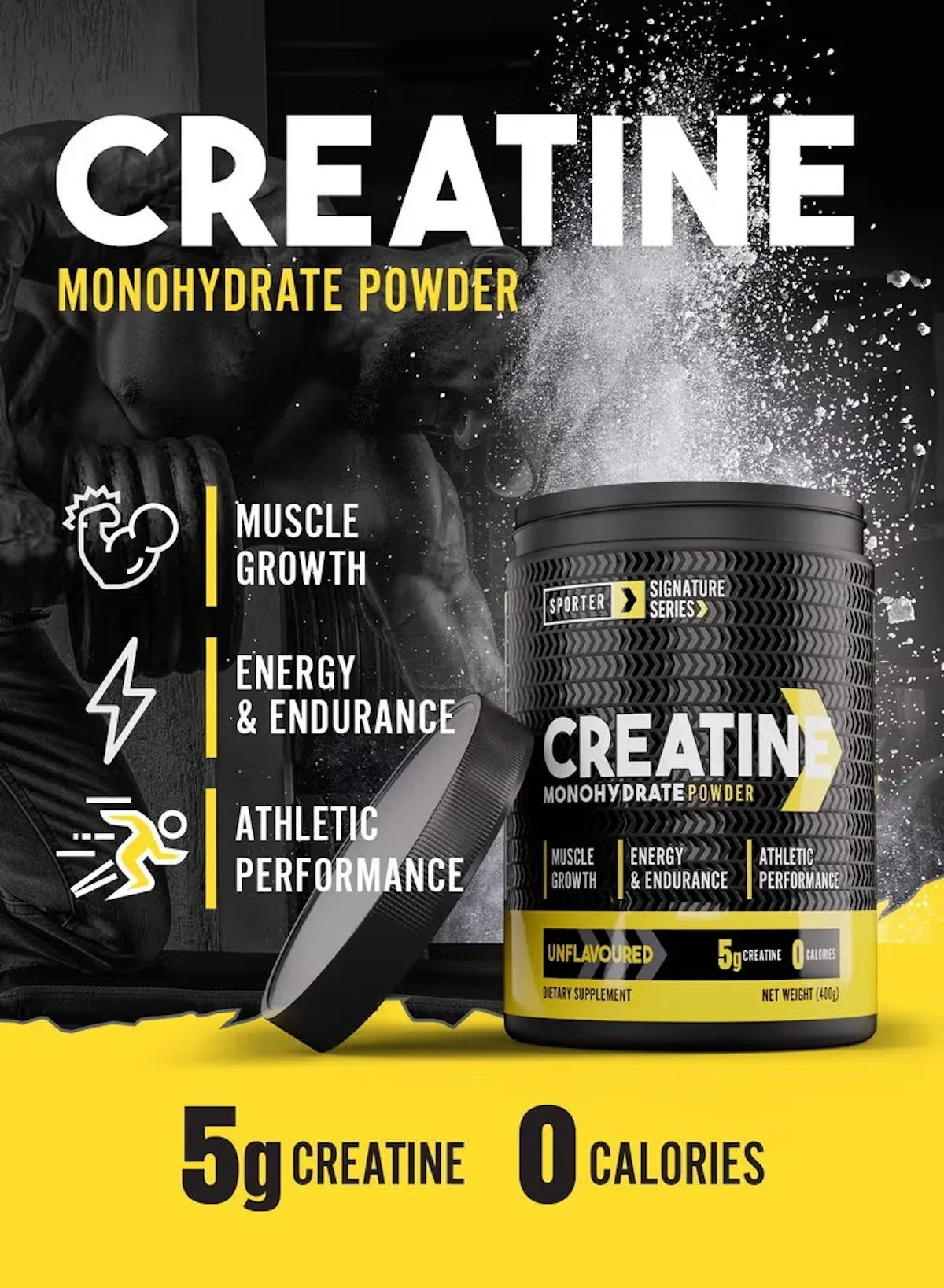 Sporter Creatine Monohydrate Powder – 400g | Micronized & Pure Creatine for Muscle Growth, Strength & Recovery | 80 Servings, Unflavored - Mumzar