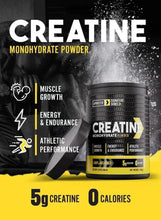 Creatine monohydrate powder bottle with 5g creatine and 0 calories callout