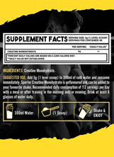 Creatine monohydrate powder supplement facts panel, serving size 5g, 80 servings