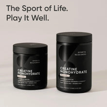 Two black creatine monohydrate supplement tubs with front labels