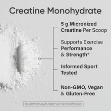 Creatine monohydrate label with 5 g per scoop and Non-GMO, Vegan, Gluten-Free badges
