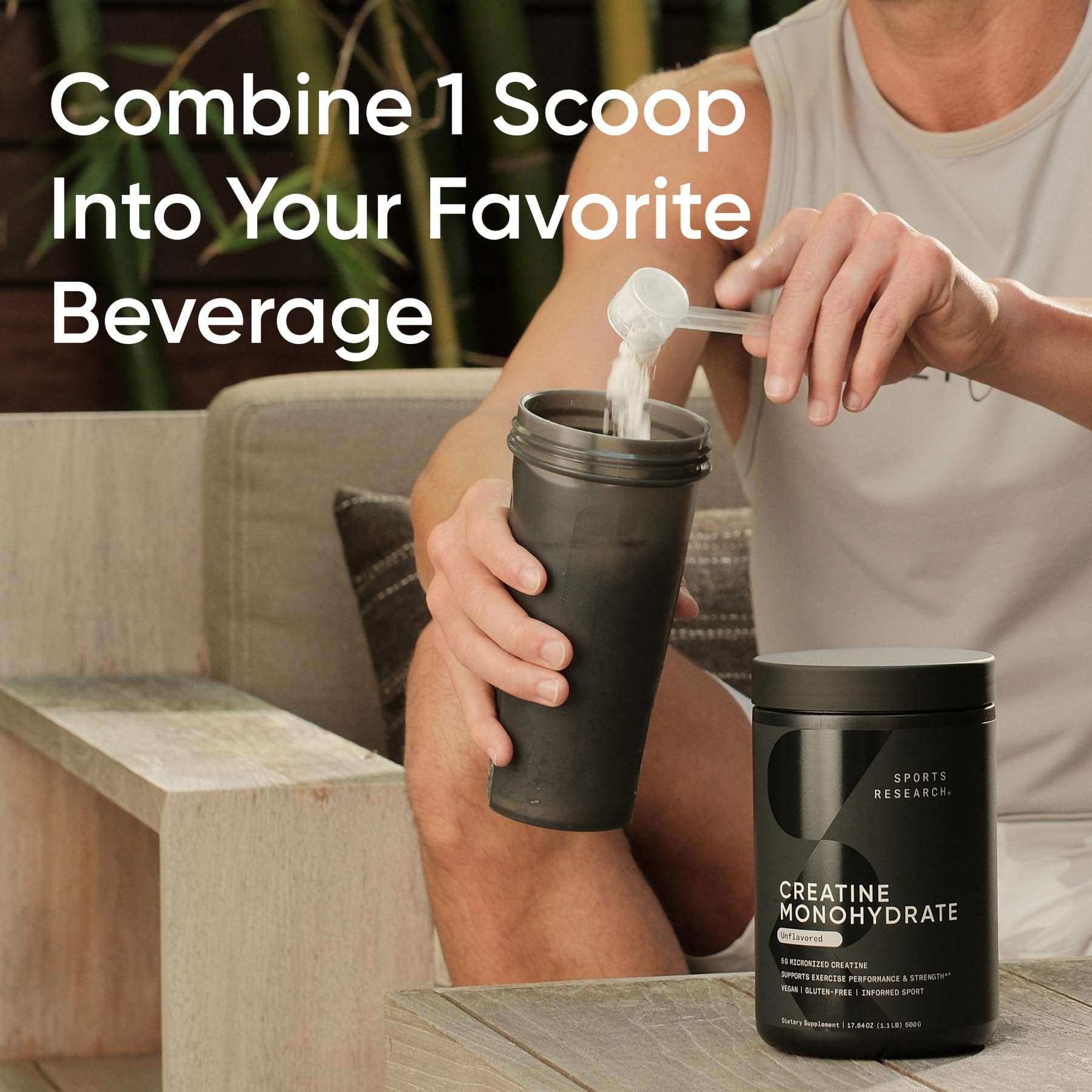 Sports Research Creatine Monohydrate supplement UAE with instructions to mix in a beverage