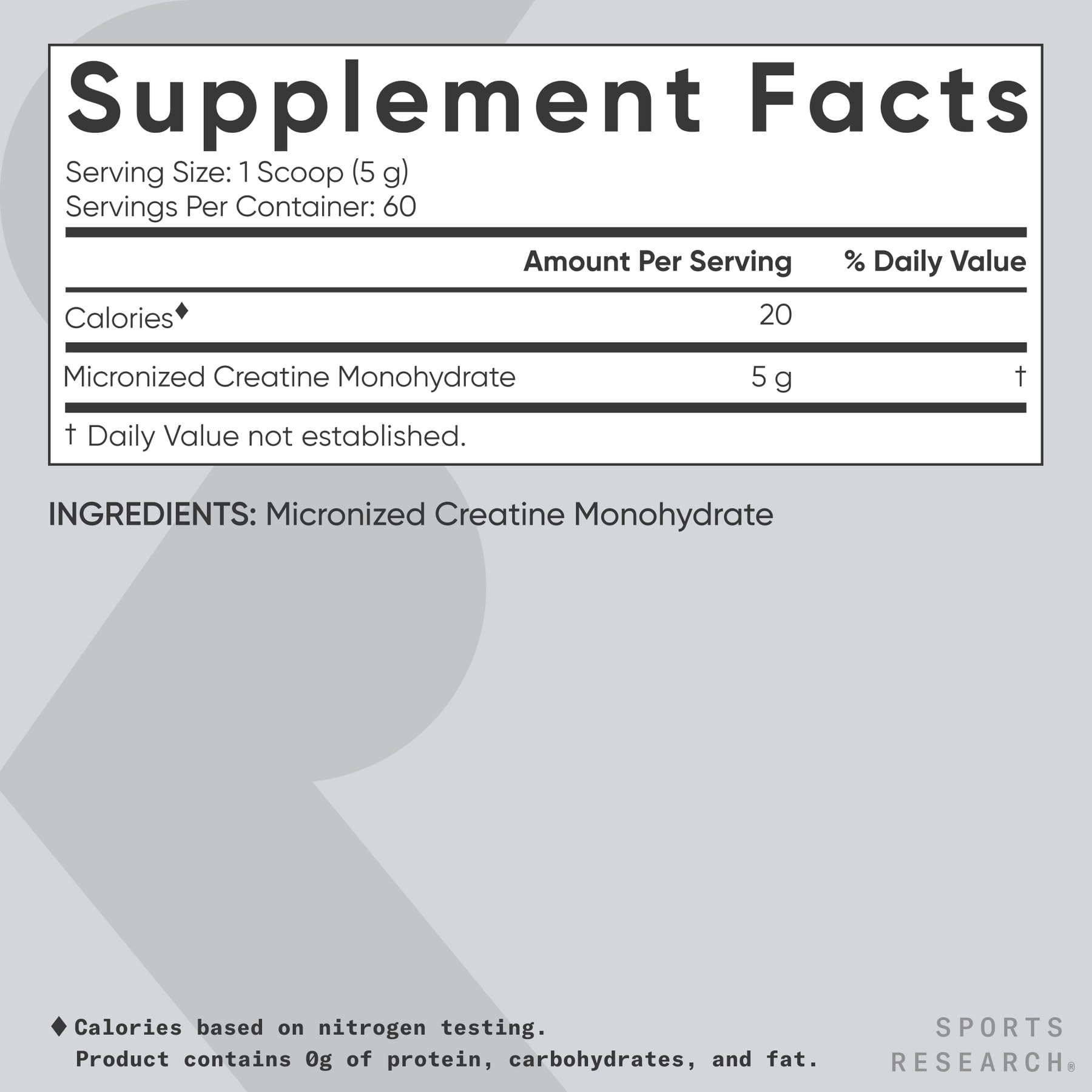 Sports Research Creatine Monohydrate Supplement label with serving size and nutritional facts for UAE