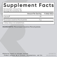 Sports Research Creatine Monohydrate Supplement label with serving size and nutritional facts for UAE