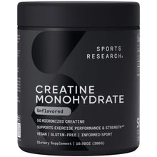 Creatine monohydrate supplement tub, black with Unflavored label and Sport Research logo