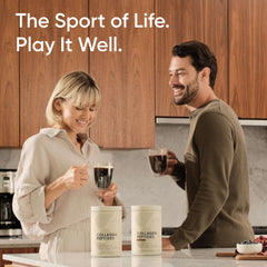 Couple enjoying coffee in a kitchen with two tubs of grass-fed collagen peptides powder on the counter
