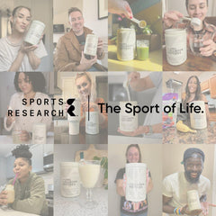 Sports Research collage of people holding grass-fed collagen peptides powder containers and smoothies