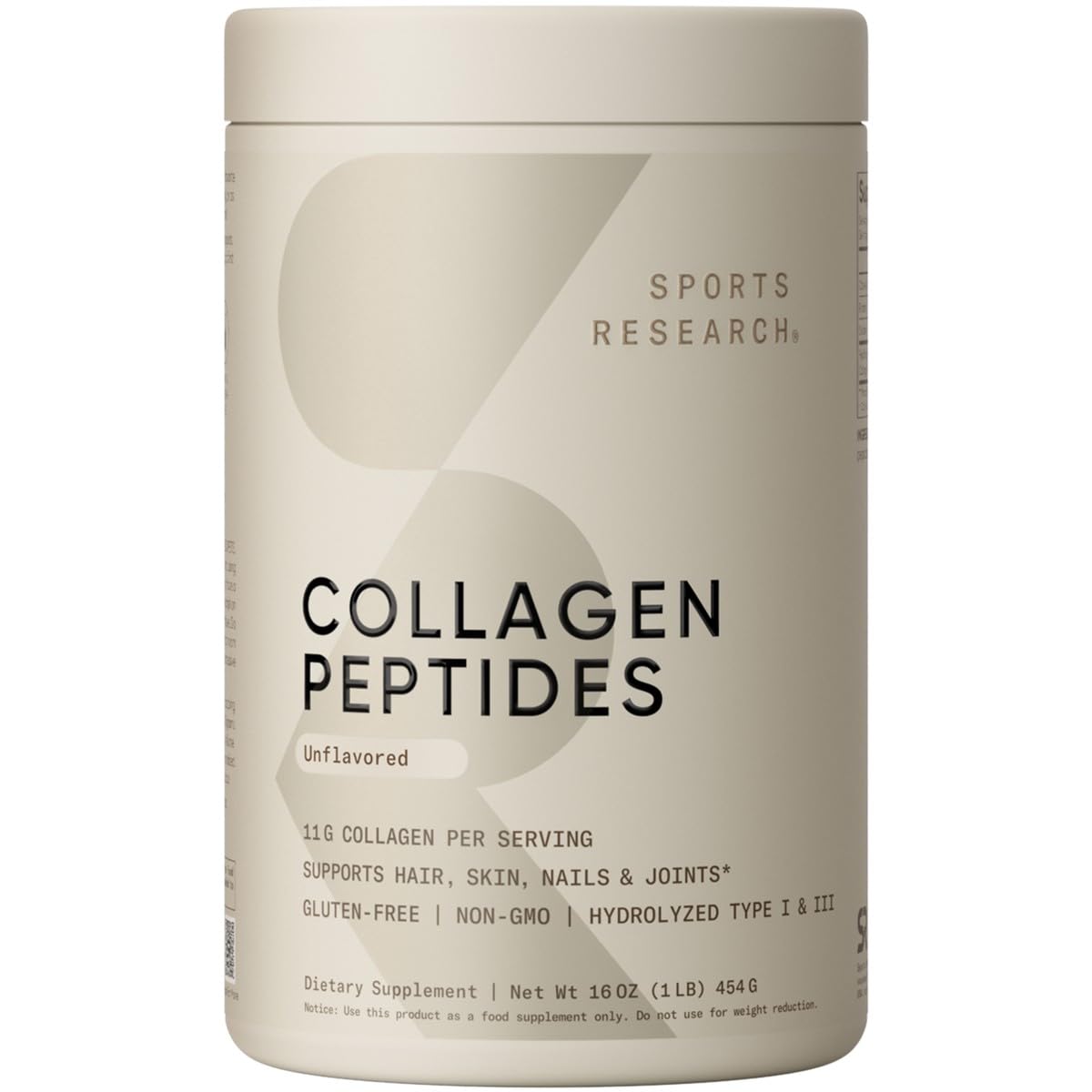 Sports Research unflavored grass-fed collagen peptides powder 16 oz tub for hair skin nails and joints