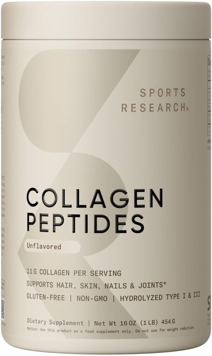 Sports Research unflavored grass-fed collagen peptides powder tub beige container 16 oz for hair skin nails and joints