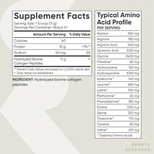 Collagen peptides supplement facts panel with typical amino acid profile chart