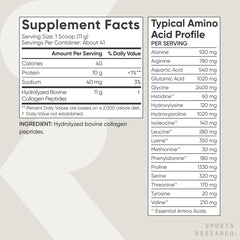Sports Research supplement facts and amino acid profile for grass-fed collagen peptides powder 10 g protein per serving