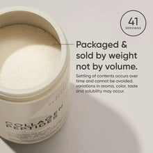 Opened collagen peptides powder container with white powder filling