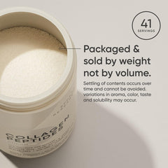 Sports Research open jar of beige grass-fed collagen peptides powder showing label and 41 servings note