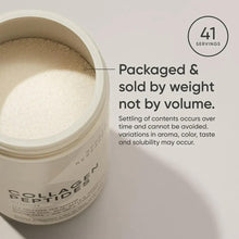 Open container of white collagen peptides powder with partial scoop
