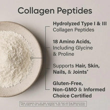 Collagen peptides powder in dish with Hydrolyzed Type I & III amino-acid callouts