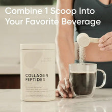 Collagen peptides powder container and scoop pouring into a mug