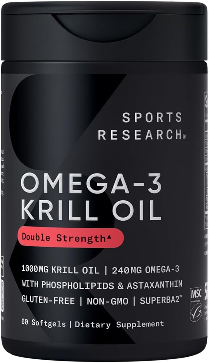 Sports Research Omega 3 Krill Oil bottle black label krill oil supplement 1000mg double strength 60 softgels