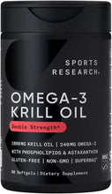 Omega-3 krill oil supplement bottle, 60 softgels, double strength label