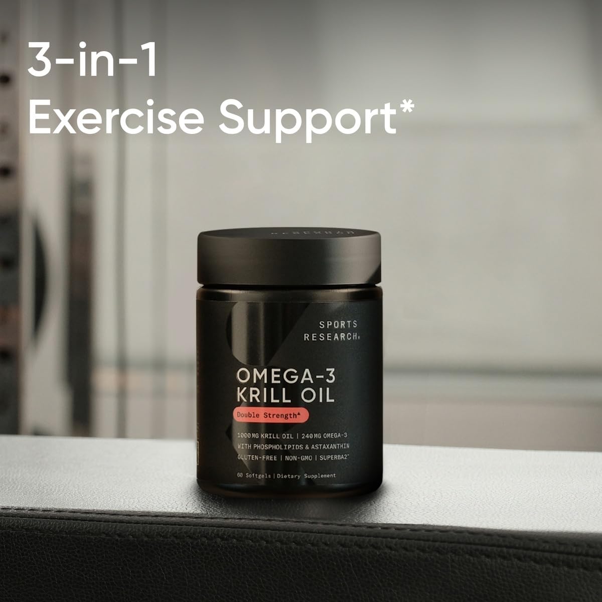 Sports Research Omega 3 krill oil jar on workout bench with 3 in 1 exercise support text krill oil supplement 1000mg