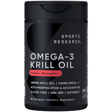 Omega-3 krill oil supplement bottle with double strength badge and 60 softgels