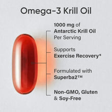 Red omega-3 krill oil softgel capsule on an info panel