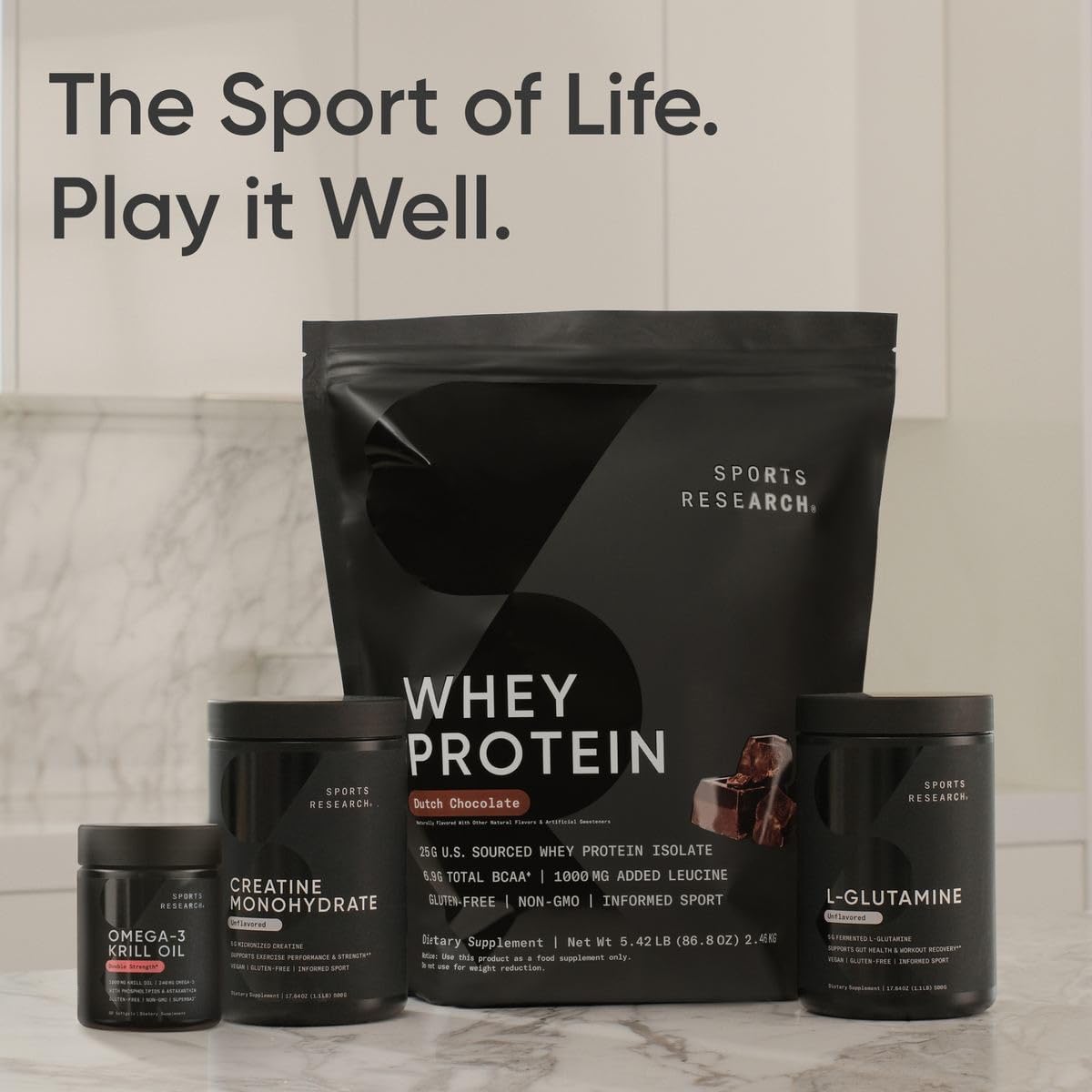 Sports Research supplement lineup with whey protein creatine L glutamine and krill oil supplement 1000mg bottle