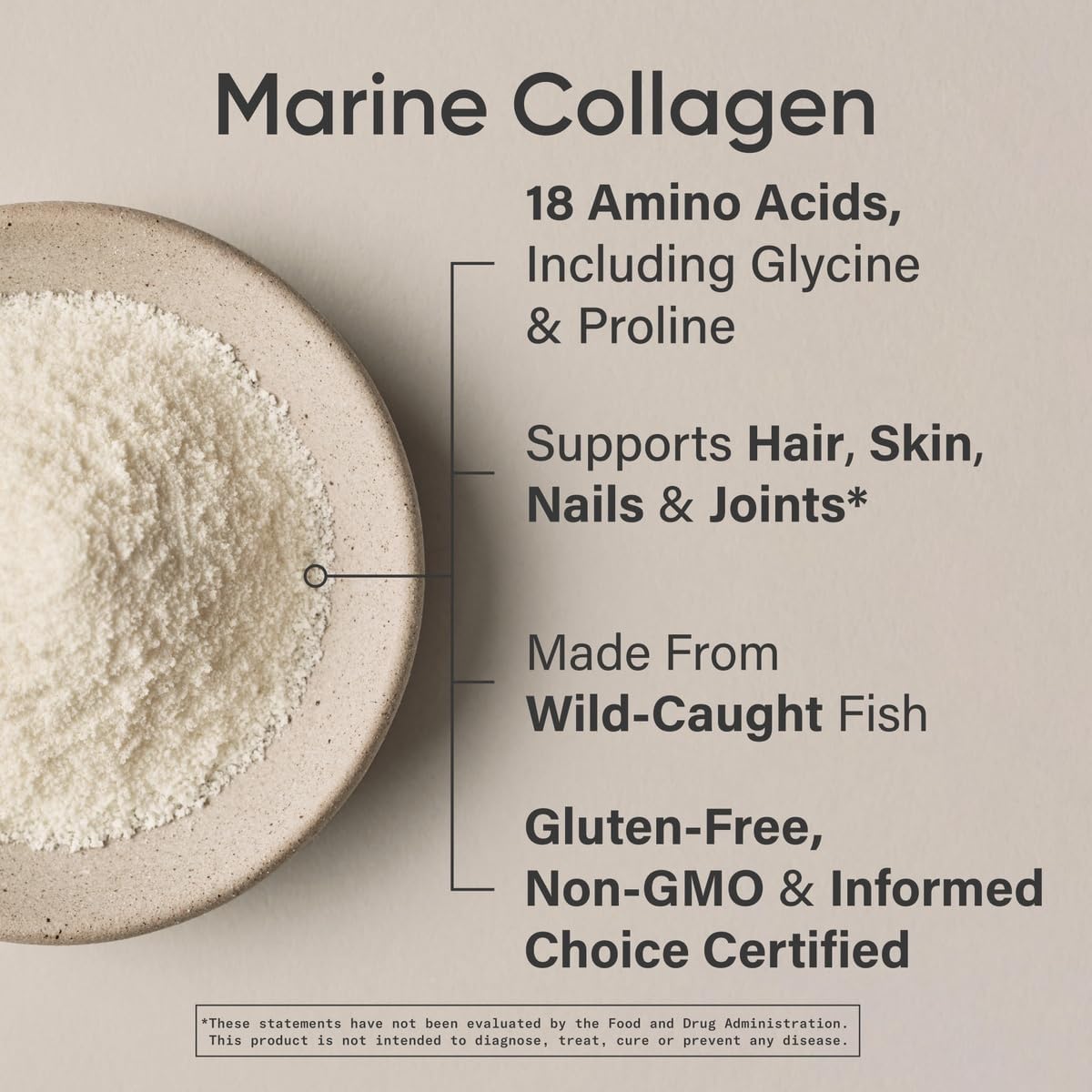 Sports Research marine collagen peptides powder in bowl with label noting 18 amino acids and support for hair skin nails