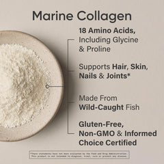 Sports Research marine collagen peptides powder in bowl with label noting 18 amino acids and support for hair skin nails