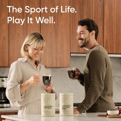 Couple in kitchen enjoying coffee with two Sports Research marine collagen peptides powder containers on counter