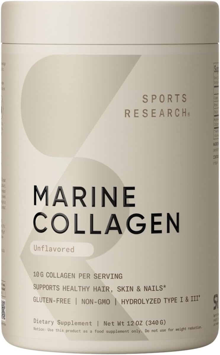 Sports Research beige tub of marine collagen peptides powder unflavored 10g collagen per serving for skin hair nails