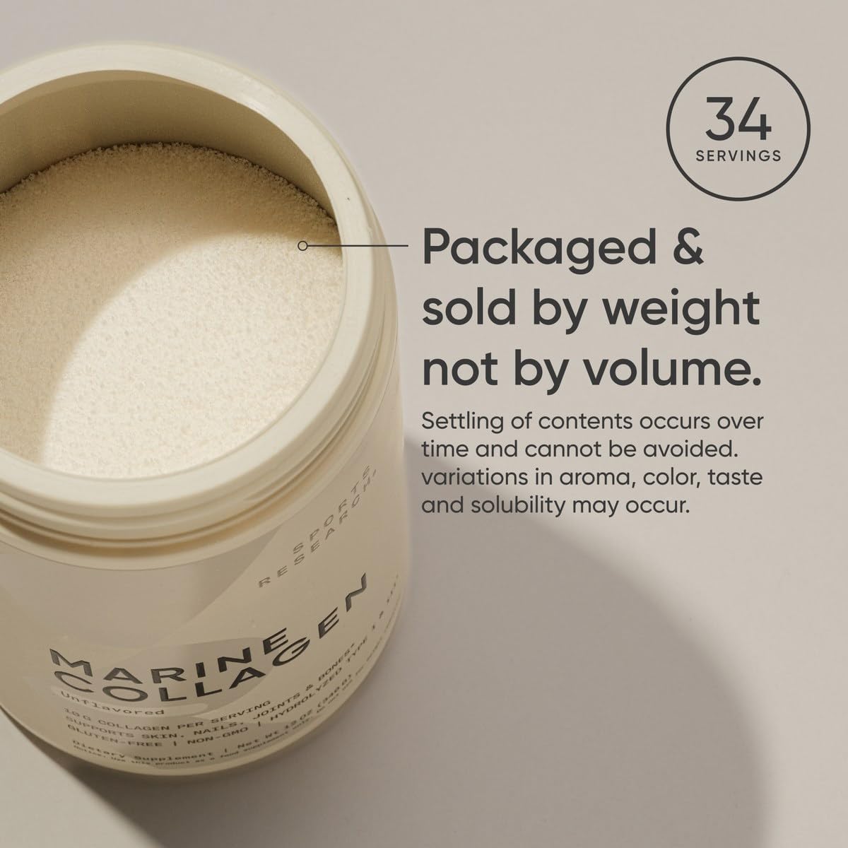 Sports Research marine collagen peptides powder open jar with 34 servings label and packed by weight note