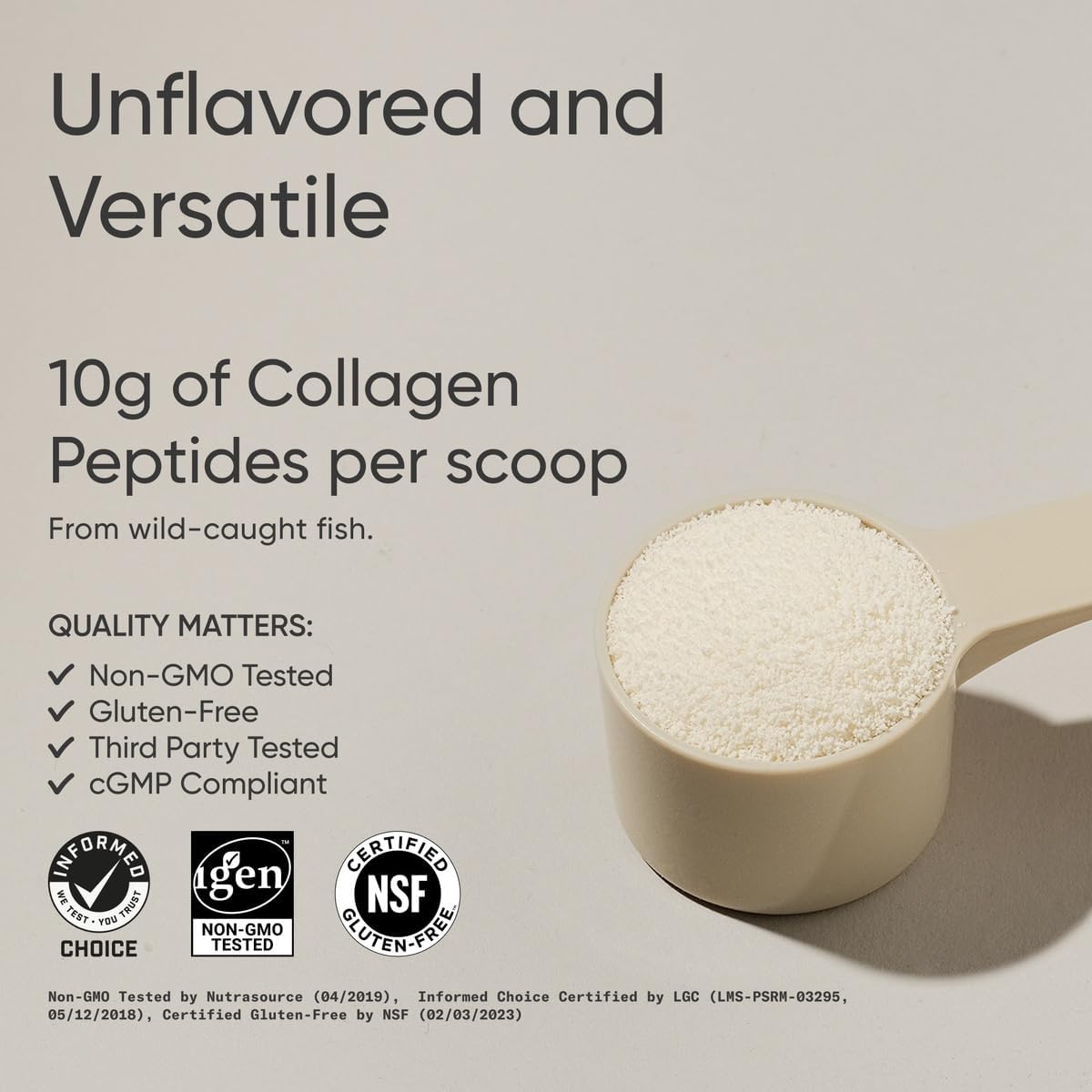 Sports Research unflavored scoop of marine collagen peptides powder 10g per scoop with quality badges