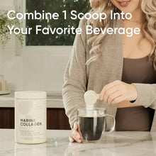 Marine collagen peptides tub with scoop above a mug