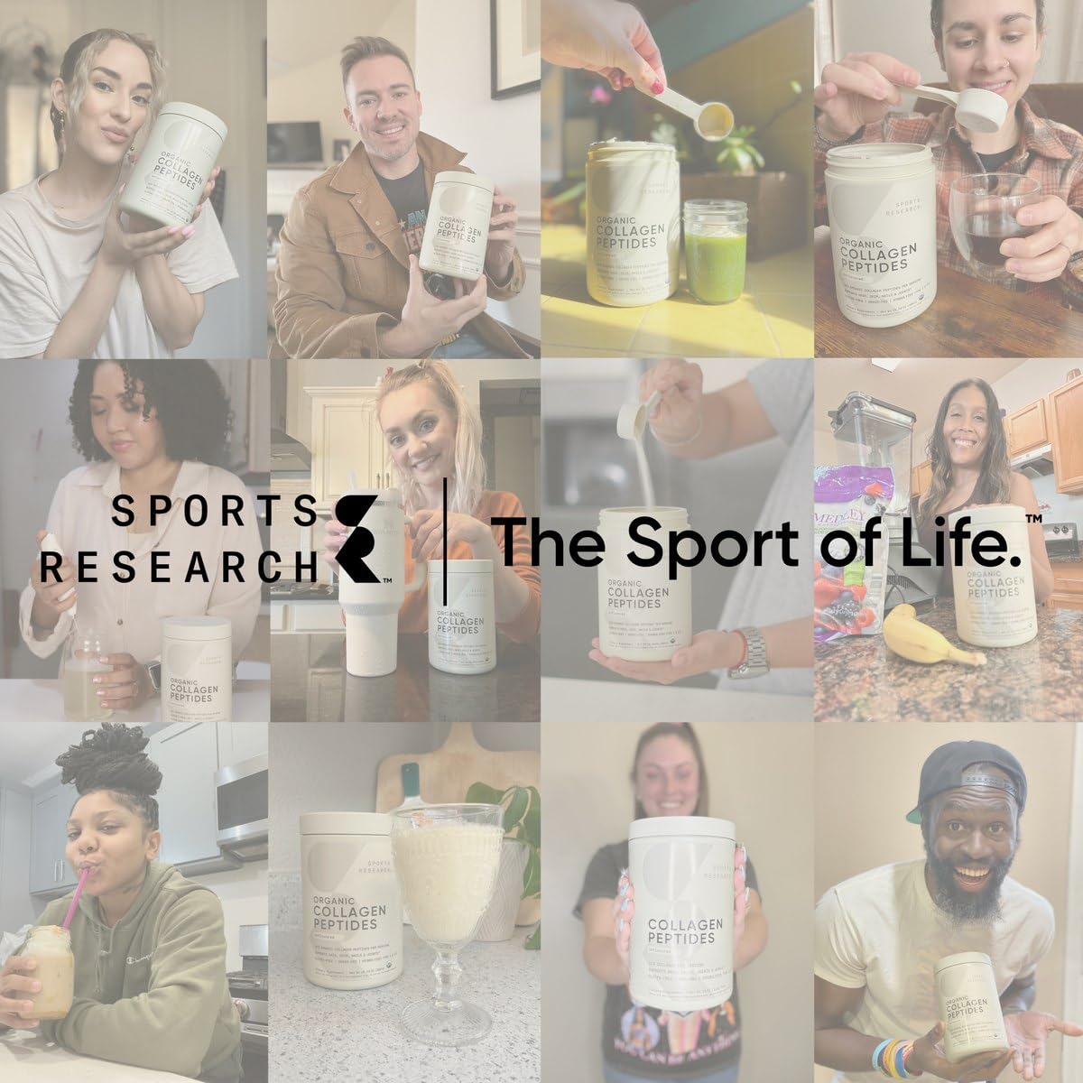 Collage of diverse people mixing Sports Research marine collagen peptides powder into drinks and smoothies, tub visible