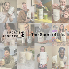 Collage of diverse people mixing Sports Research marine collagen peptides powder into drinks and smoothies, tub visible