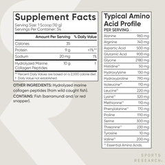 Sports Research Supplement Facts for marine collagen peptides powder showing serving 1 scoop 9g protein and amino acid profile