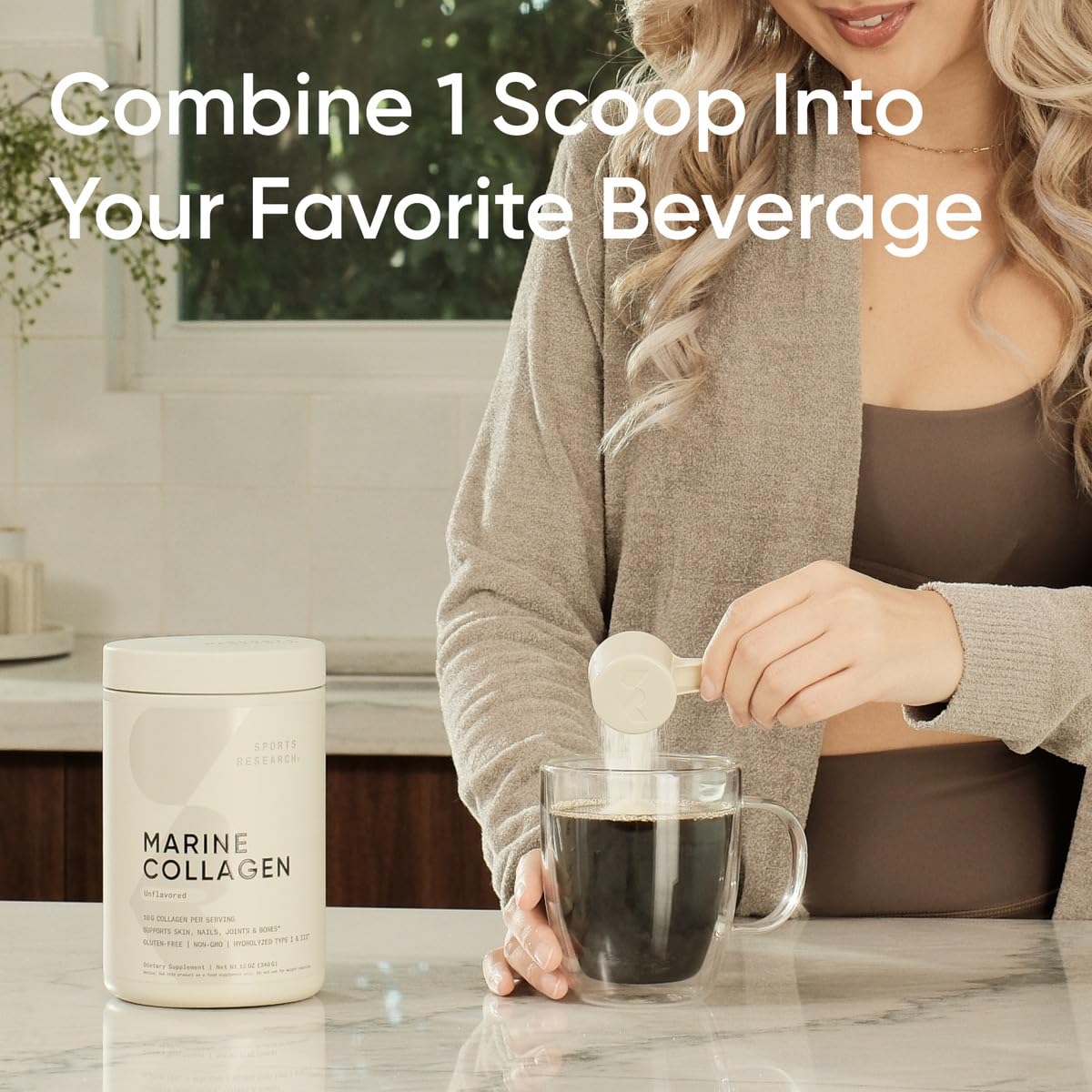 Sports Research marine collagen peptides powder container and woman scooping one scoop into a mug