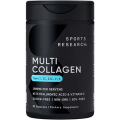 Sports Research® Multi Collagen Pills for Women & Men - Collagen Peptides (Type I, II, III, V, X) Enhanced with Hyaluronic Acid & Vitamin C - Gluten Free ­· Non-GMO - 90 Capsules - Mumzar