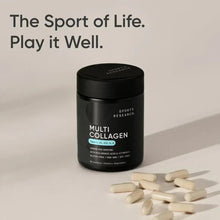 Sports Research Multi Collagen bottle with white capsules scattered in front.
