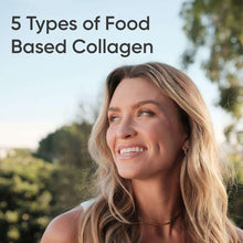 Smiling woman with long blonde hair; "5 Types of Food Based Collagen" text overhead.
