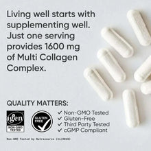 Multi Collagen capsules on a supplement banner with quality badge icons.