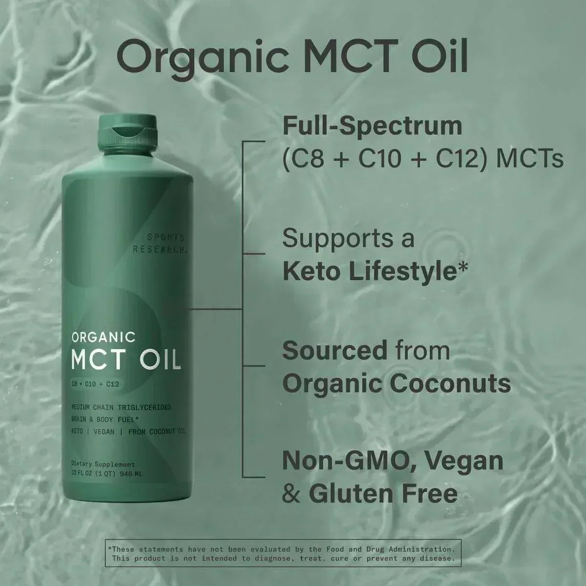 Sports Research Organic MCT Oil - Keto & Vegan MCTs C8, C10, C12 from Coconuts - Fatty Acid Brain & Body Fuel, Non-GMO & Gluten Free - Flavorless Oil, Perfect in Coffee, Tea & Protein Shakes - 32 oz - Mumzar