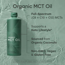 Organic MCT Oil bottle with “Full-Spectrum (C8 + C10 + C12) MCTs” text