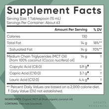 Supplement Facts panel for Organic MCT Oil with serving size and fat amounts