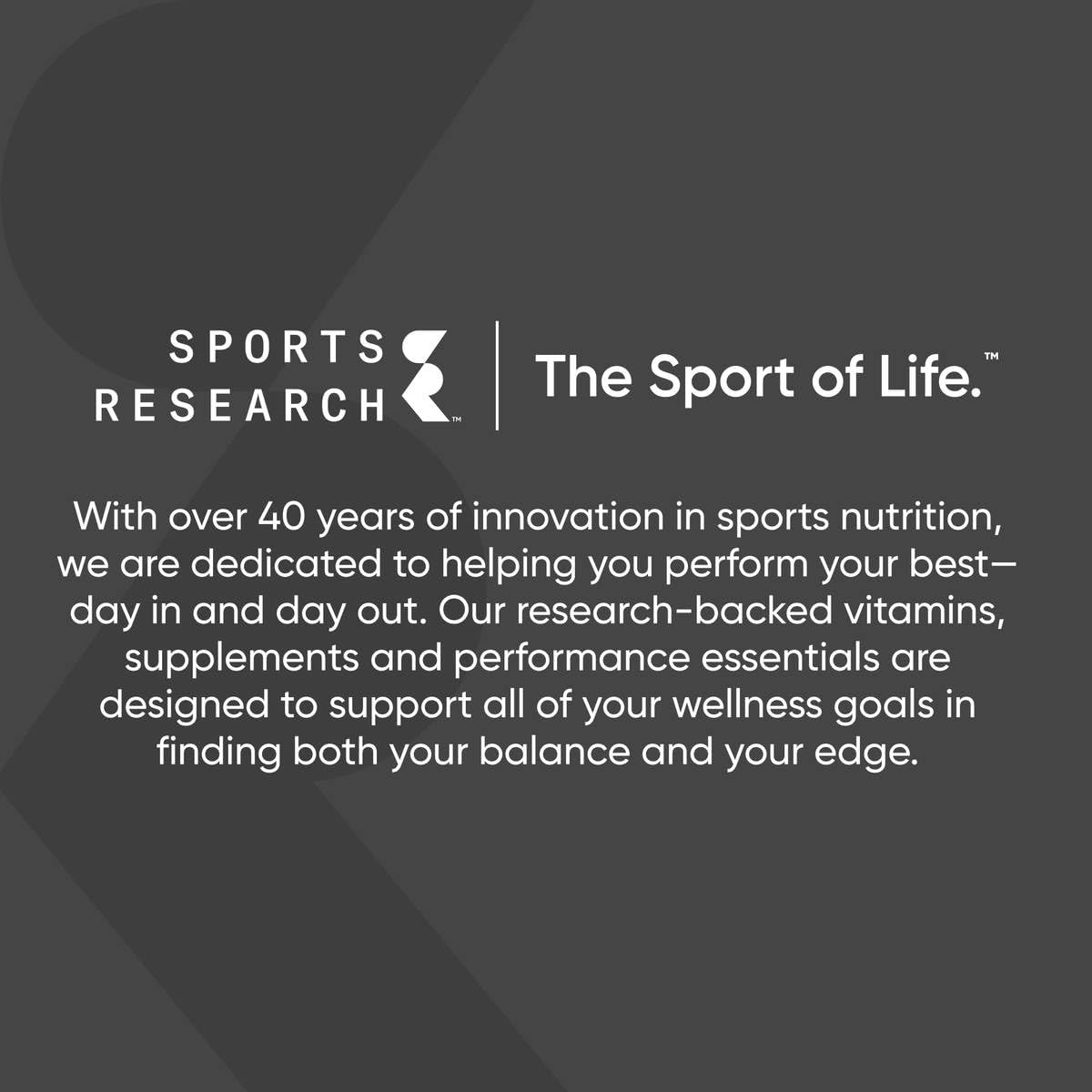 Sports Research L-theanine softgels product image showing Sports Research logo tagline and brand description on gray background