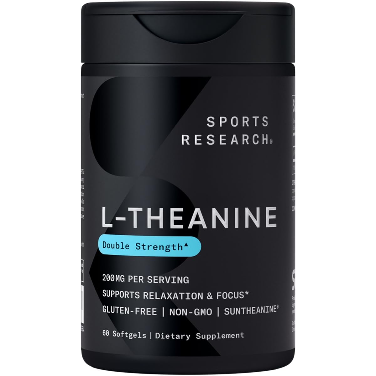 Black Sports Research bottle of L-Theanine Double Strength 200mg 60 softgels supplement Sports Research L-theanine softgels
