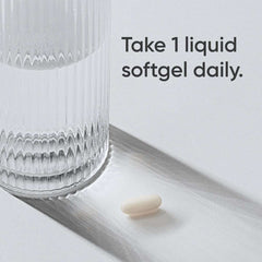 Sports Research L-theanine softgels single white liquid softgel beside glass with dosing text Take 1 daily for calm focus