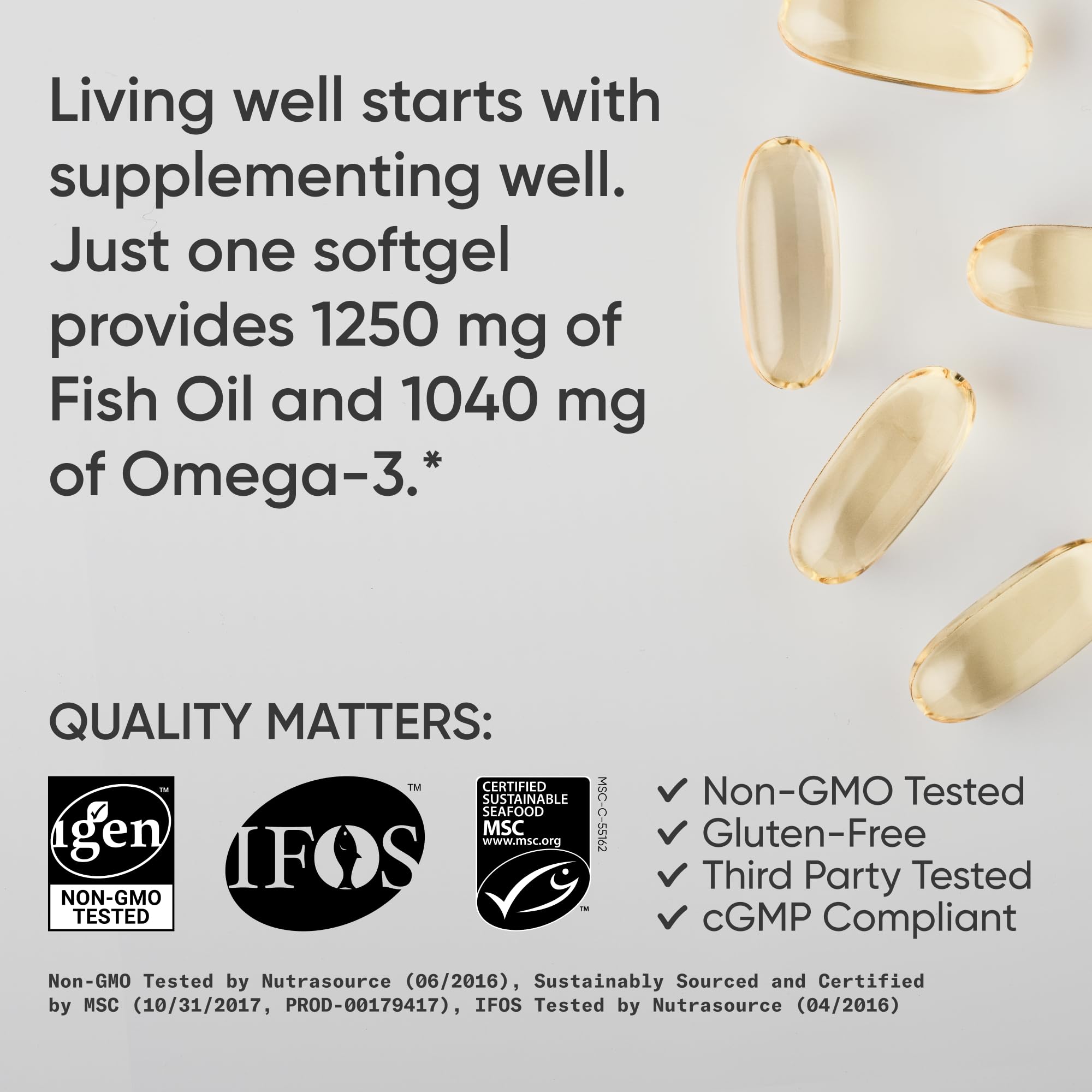 Sports Research triple strength omega 3 fish oil softgel capsules showing 1250 mg fish oil content and quality seals