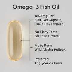Sports Research triple strength omega 3 fish oil softgel showing 1250 mg per capsule one a day formula and no fishy taste